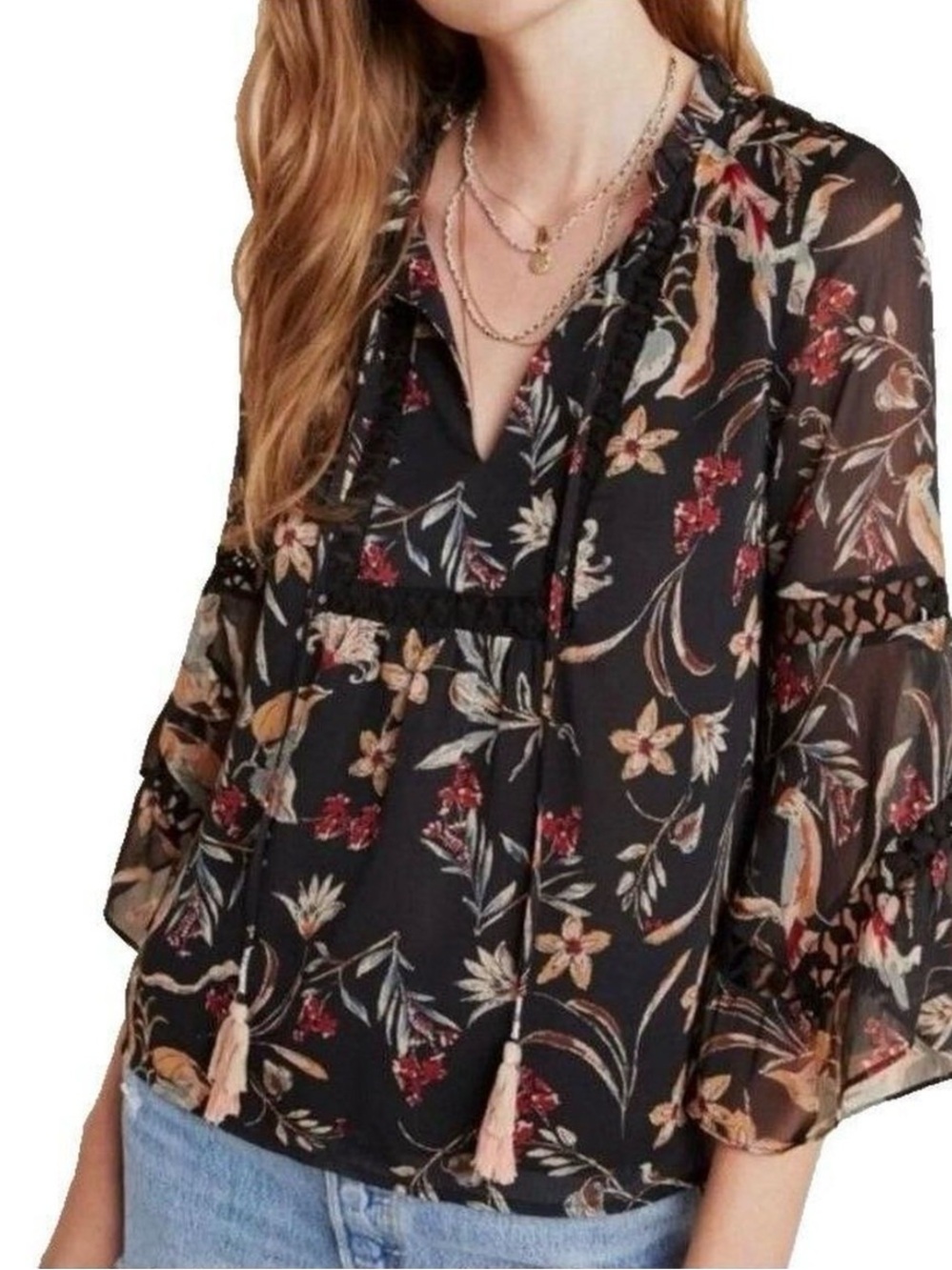 Maeve Anthropology Black Floral V-Neck Tassel Peasant Blouse with Flared Sleeves